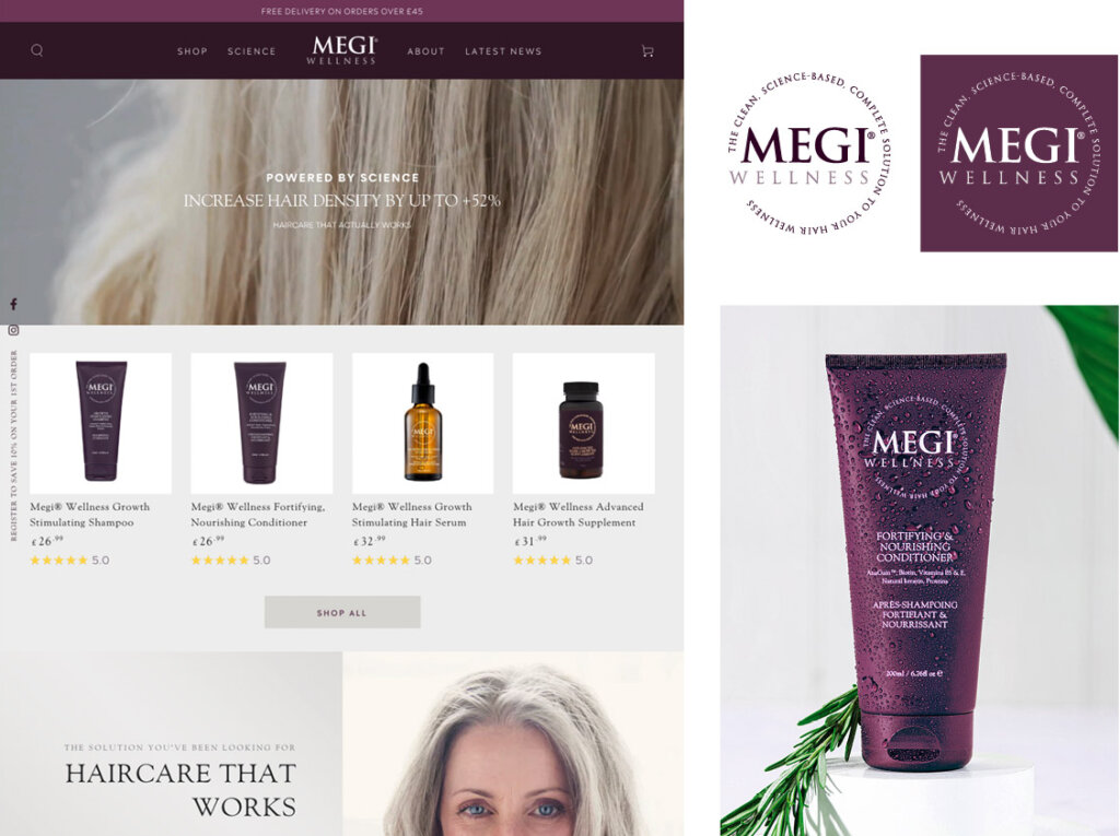 Megi Wellness strategic haircare brand identity and ecommerce website