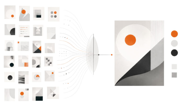 Editorial illustration showing AI in graphic design alongside human design judgement and decision making