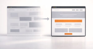 Illustration showing visitors comparing an unclear website with a clearer more trustworthy one